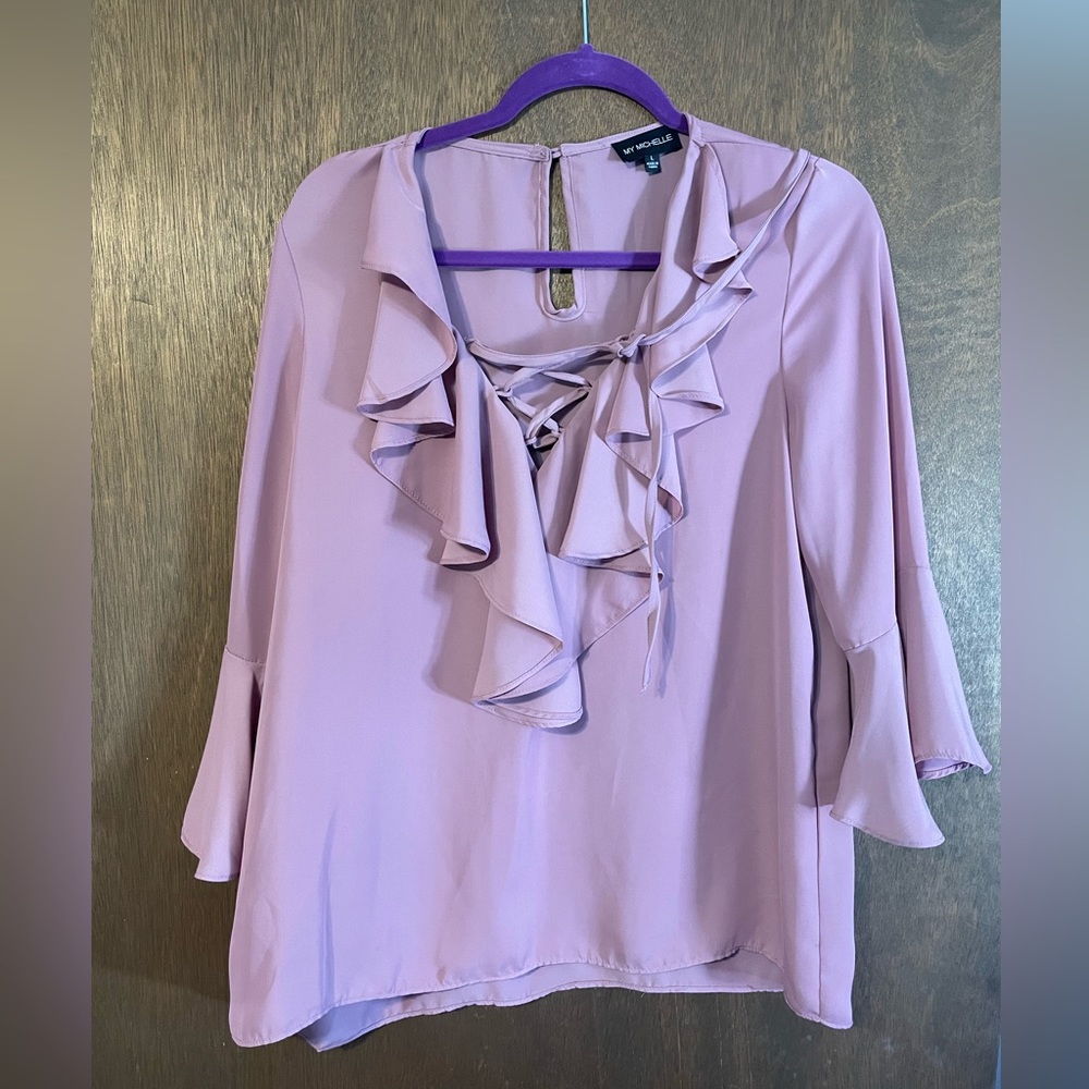 My Michelle Blouse Sz L Dusty Pink Ruffled Sheer